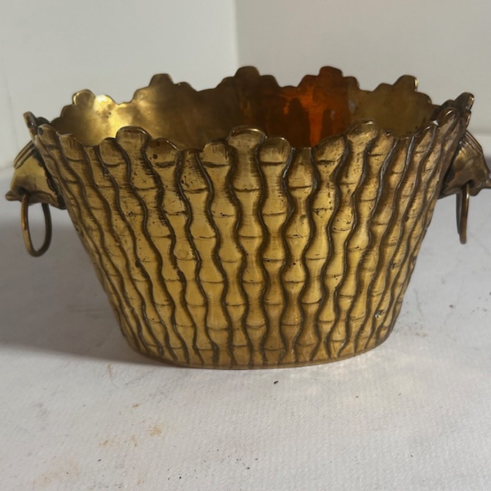 VTG Solid Brass Scalloped Cache pot With Faux Bamboo Faux Lionhead Ring Handles.